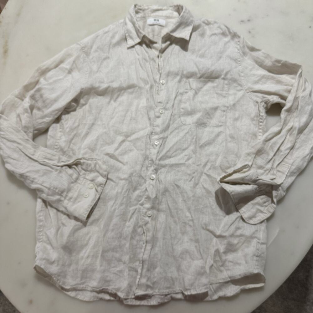 Uniqlo 100% Linen Button Up Shirt Top Womens L Beige Long Sleeve Collared